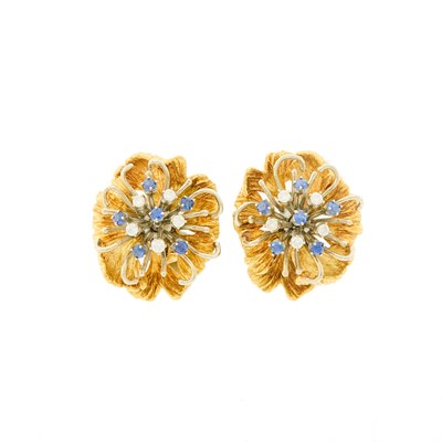 Lot 1046 - Pair of Two-Color Gold, Sapphire and Diamond Flower Earclips