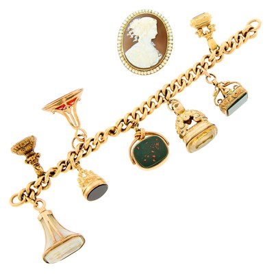 Lot 1175 - Low Karat Gold and Gem-Set Fob Charm Bracelet Fragment and Gold, Cameo and Split Pearl Brooch