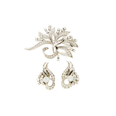 Lot 1190 - Platinum and Diamond Earclips and Birks White Gold and Diamond Brooch