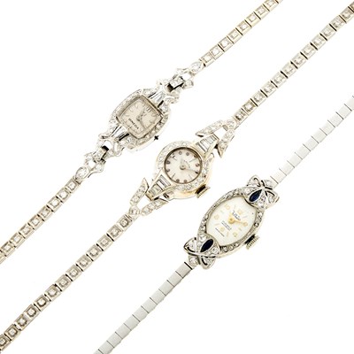Lot 1226 - Three Lady's White Gold, Diamond and Synthetic Sapphire Wristwatches