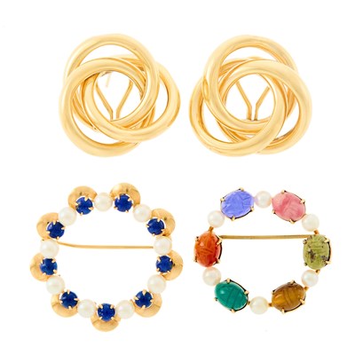 Lot 1244 - Two Gold, Gold-Filled and Gem-Set Brooches and Pair of Earrings