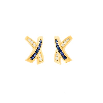 Lot 1115 - Pair of Gold, Sapphire and Diamond 'X' Earrings