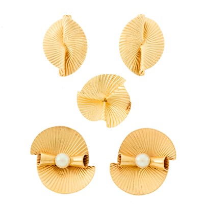 Lot 1108 - Two Pairs of Gold and Cultured Pearl Earrings and Single Earring