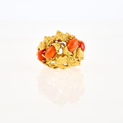 Lot 1044 - Gold and Coral Thistle Ring