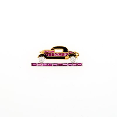 Lot 1035 - Gold, Platinum, Ruby, Black Onyx and Diamond Antique Automobile Brooch