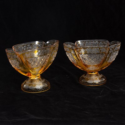 Lot 184 - Pair of Etched Yellow Glass Compote Pedestal Bowls