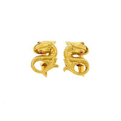 Lot 2084 - Pair of Gold and Cabochon Ruby Fish Cufflinks