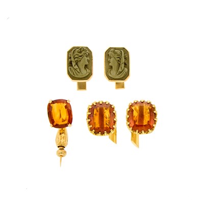 Lot 2090 - Two Pair of Gold, Lava Cameo and Citrine Cufflinks and Tie Pin