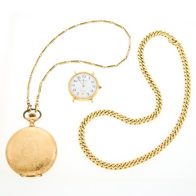 Lot 2195 - Waltham Gold-Filled Pocket Watch, Tourneau Gilt-Metal Watch Head and Gold Chain
