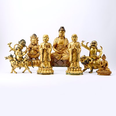 Lot 208 - Group of Seven Sino-Tibetan Style Gilt Bronze Buddhist Sculptures