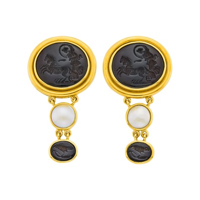 Lot 1007 - Elizabeth Locke Pair of Gold, Carved Black Onyx Intaglio and Mabé Pearl Pendant-Earclips