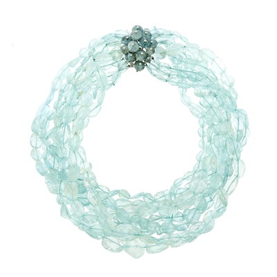 Lot 1186 - Eight Strand Aquamarine Bead, White Gold and Diamond Torsade Necklace