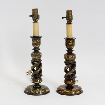 Lot 208 - Pair of Paint Decorated Lacquer Spiral Candlesticks