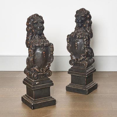 Lot 47 - Pair of George III Style Painted Terracotta Figures of Rampant Lions Holding a Shield