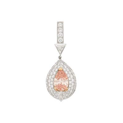 Lot 68 - Two-Color Gold, Fancy Intense Orangy Pink Diamond and Diamond Pendant with White Gold Omega Necklace