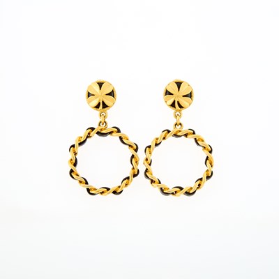 Lot 1124 - Chanel Pair of Woven-In Leather Hoop Four Leaf Clover Pendant-Earclips