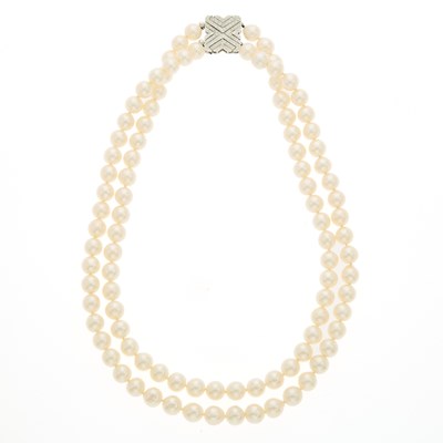 Lot 2063 - Double Strand Cultured Pearl Necklace with White Gold and Diamond Necklace