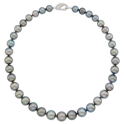 Lot 1080 - Tahitian Gray Cultured Pearl Necklace with White Gold and Diamond Clasp