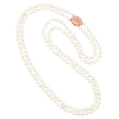 Lot 1158 - Long Double Strand Cultured Pearl Necklace with Rose Gold, Rose Quartz and Pink Sapphire Clasp