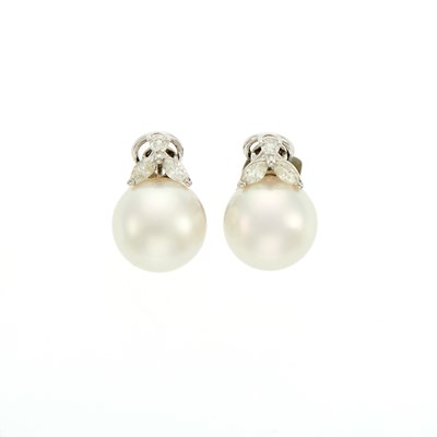 Lot 2057 - Pair of White Gold, South Sea Cultured Pearl and Diamond Earrings