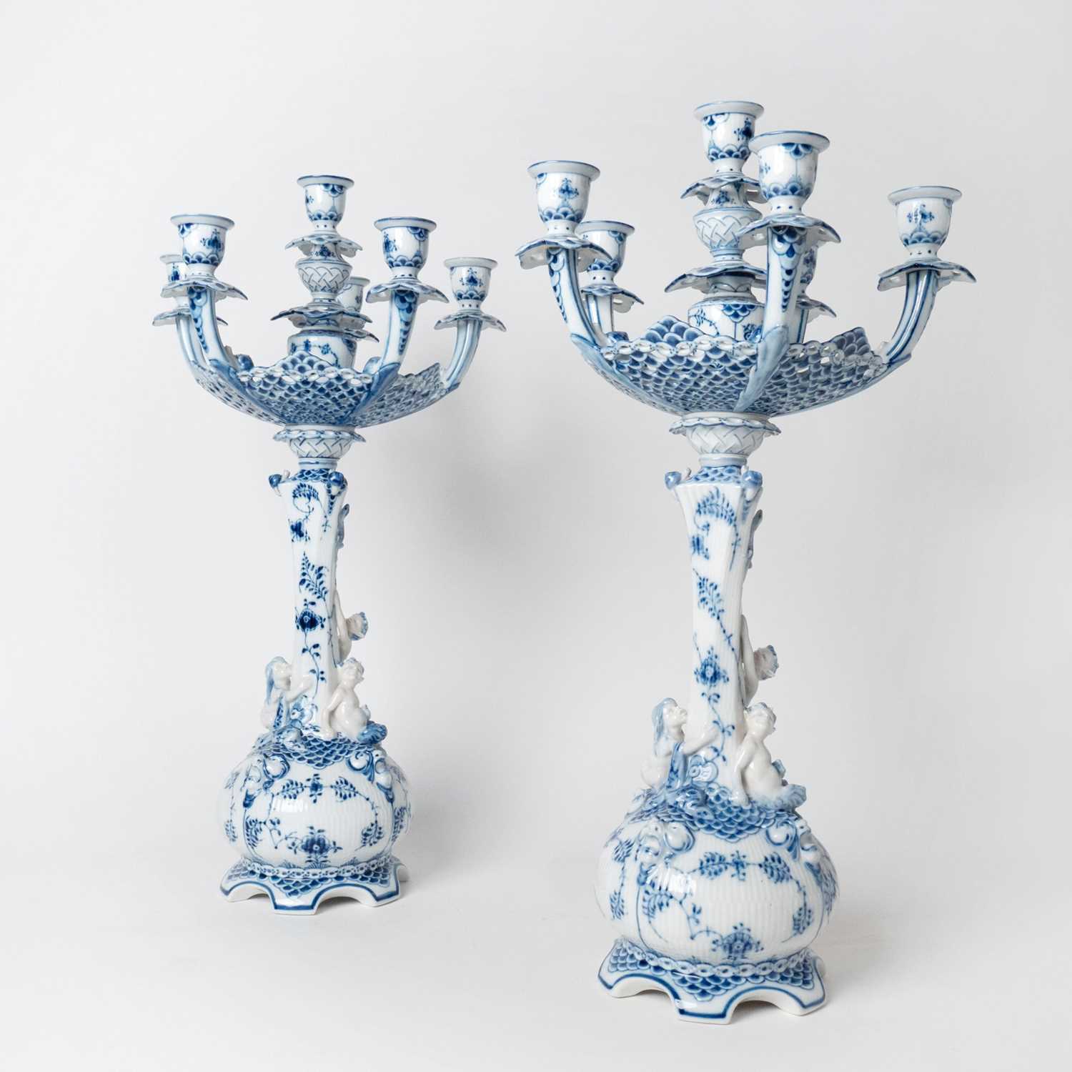 Lot 291 - Pair of Royal Copenhagen Blue Fluted Lace Porcelain Six-Light Candelabra