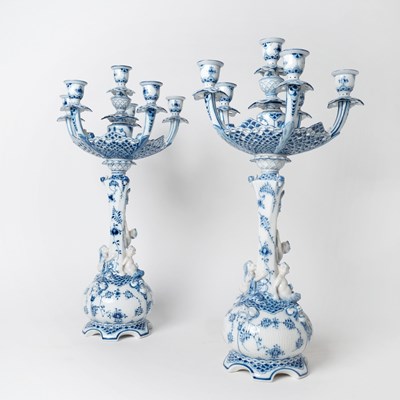 Lot 291 - Pair of Royal Copenhagen Blue Fluted Lace Porcelain Six-Light Candelabra