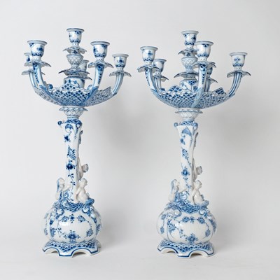 Lot 291 - Pair of Royal Copenhagen Blue Fluted Lace Porcelain Six-Light Candelabra