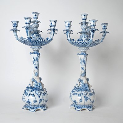 Lot 291 - Pair of Royal Copenhagen Blue Fluted Lace Porcelain Six-Light Candelabra