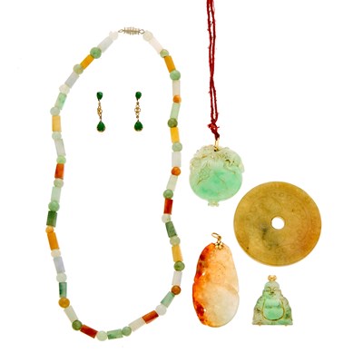 Lot 1231 - Multicolored Jade Bead Necklace, Pair of Earrings and Four Carved Jade Pendants