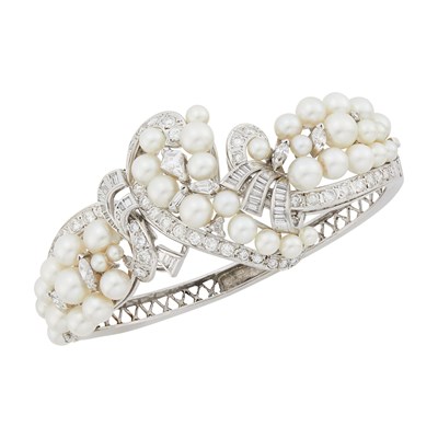 Lot 2053 - White Gold, Cultured Pearl and Diamond Bangle Bracelet