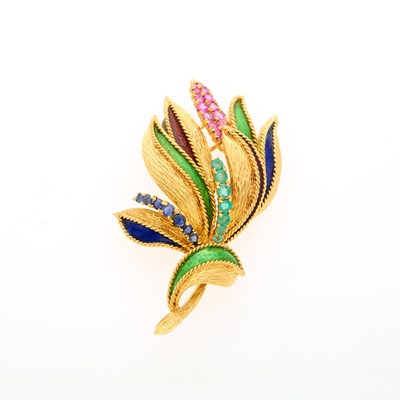 Lot 2205 - Gold, Enamel and Gem-Set Leaf Brooch