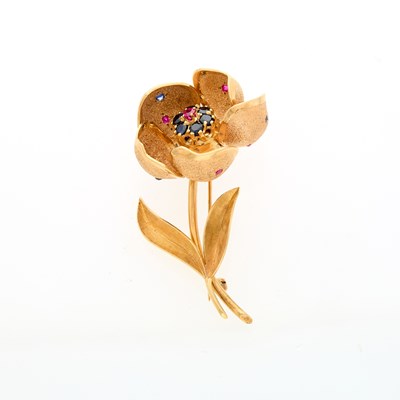 Lot 2189 - Rose Gold, Ruby and Sapphire Rose Brooch