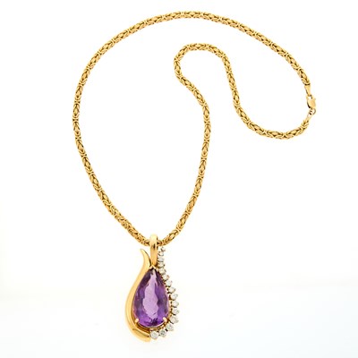 Lot 2161 - Gold, Amethyst and Diamond Pendant with Chain Necklace