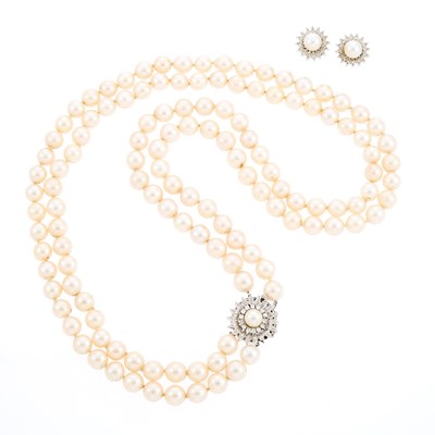 Lot 2118 - Double Strand Cultured Pearl Necklace with White Gold and Diamond Clasp and Pair of Earrings