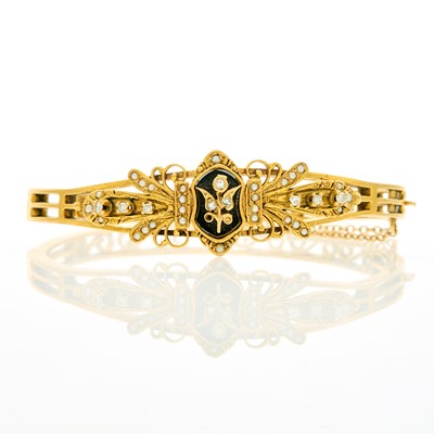 Lot 2105 - Gold, Black Onyx, Split Pearl and Diamond Bangle Bracelet