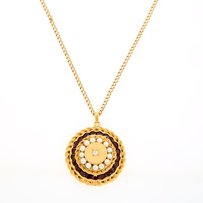 Lot 2188 - Gold, Garnet, Cultured Pearl and Diamond Pendant with Chain Necklace