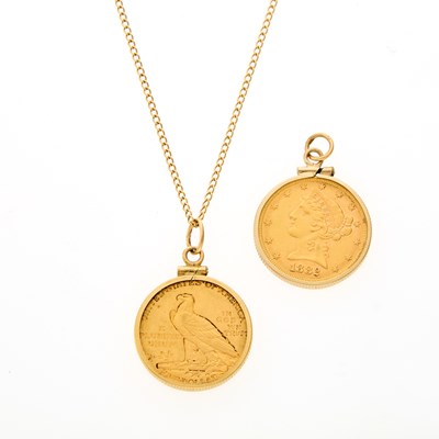Lot 2237 - Two United States Gold Coin Charms with Chain Necklace