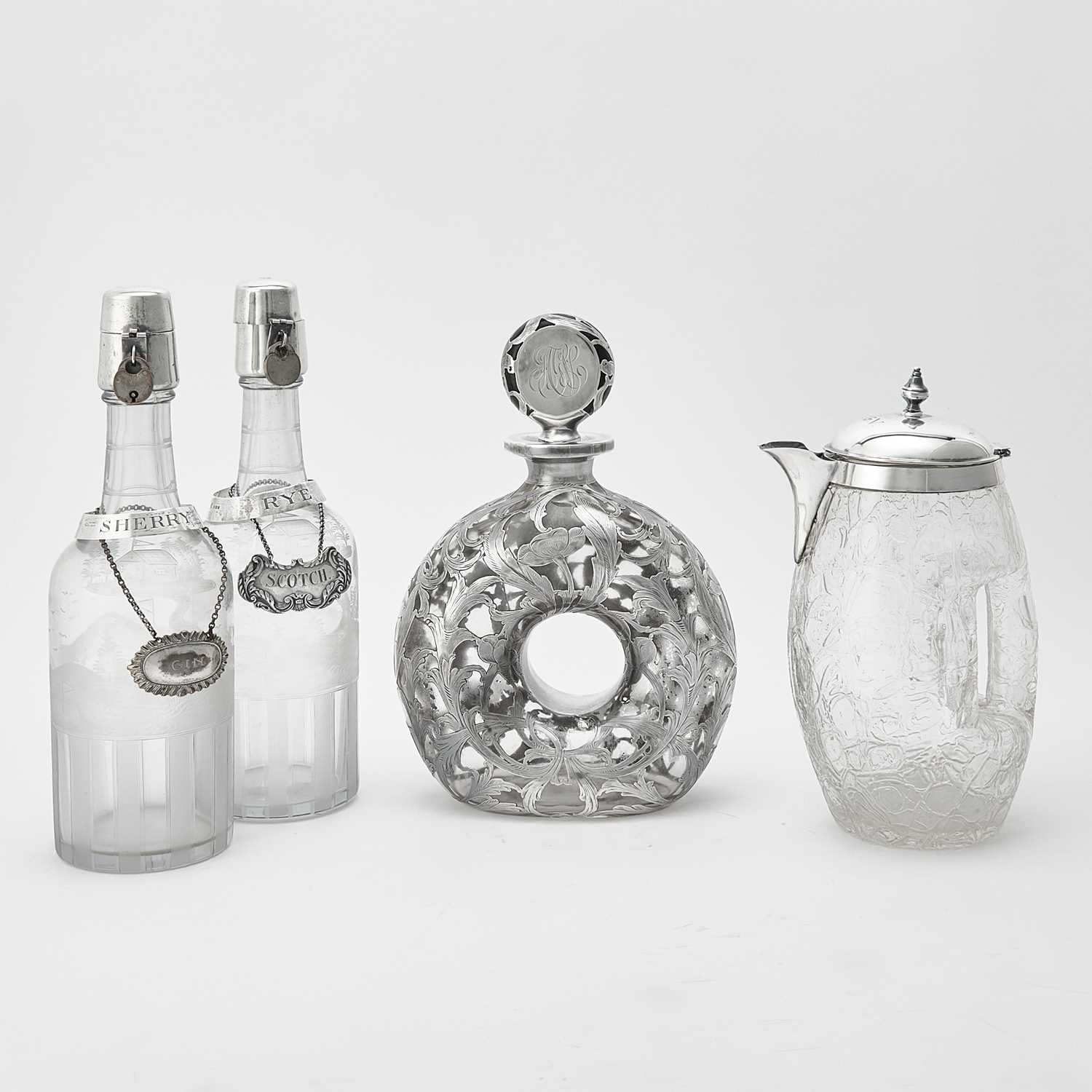 Lot 163 - Golfing Interest: Pair of Sterling Silver Mounted Etched Glass Decanters
