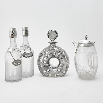 Lot 163 - Golfing Interest: Pair of Sterling Silver Mounted Etched Glass Decanters