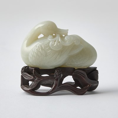 Lot 409 - A Chinese White Jade Carving of 'Mandarin Ducks' Group