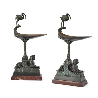 Lot 187 - Pair of French Egyptian Revival Patinated Green and Brown Bronze Tazzas