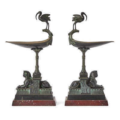 Lot 187 - Pair of French Egyptian Revival Patinated Green and Brown Bronze Tazzas