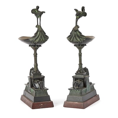 Lot 187 - Pair of French Egyptian Revival Patinated Green and Brown Bronze Tazzas