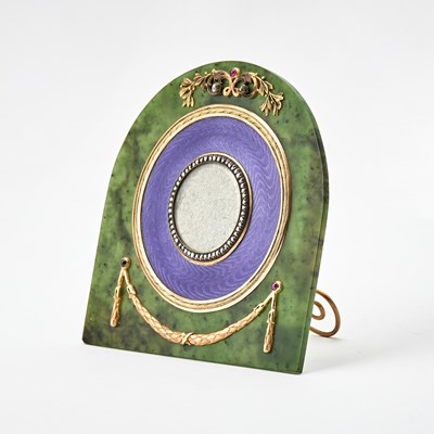 Lot 228 - Fabergé Style Gilt-Metal Mounted Guilloché Enamel and Nephrite Photograph Frame