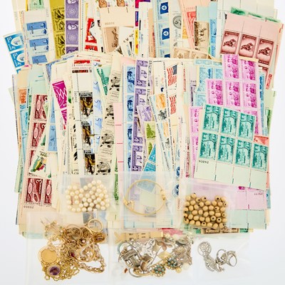 Lot 2039 - Group of Gold, Low Karat Gold, Platinum, Gold-Filled, Silver, Metal and Gem-Set Jewelry and Group of Stamps