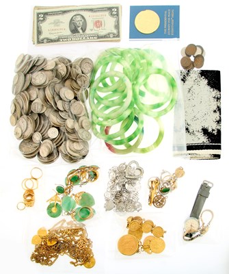 Lot 2050 - Group of United States and Foreign Coins and Banknotes, Group of Gold, High and Low Karat Gold, Gold-Filled, Metal and Jade Jewelry