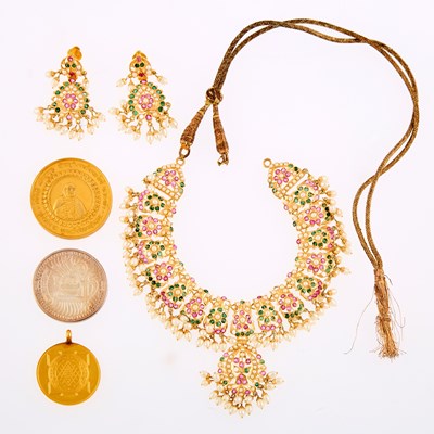 Lot 2052 - Indian Gold, Ruby, Emerald and Pearl Necklace and Pendant-Earrings and Two Indian Gold Layered and Metal Commemorative Coins