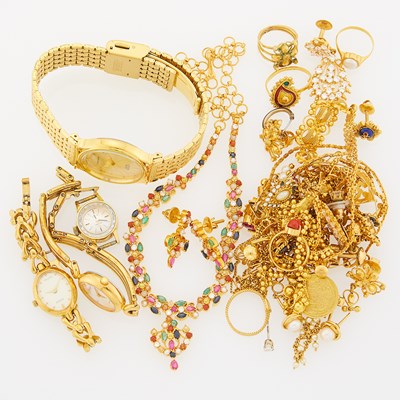 Lot 2061 - Group of Indian High Karat Gold, Gold, Gold-Filled and Metal Jewelry and Wristwatches