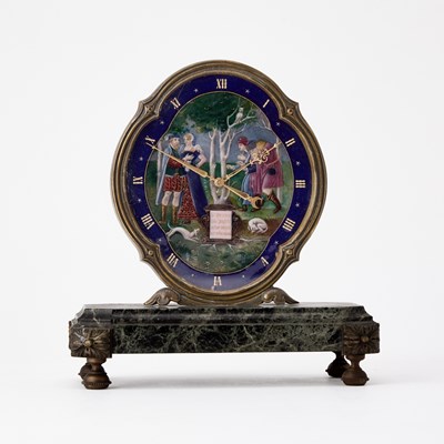 Lot 665 - Gilt-Metal, Enamel and Green Marble Desk Clock