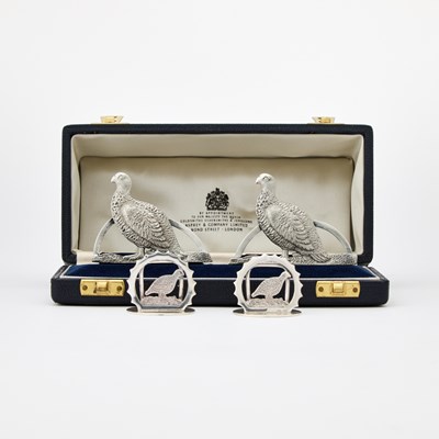 Lot 3354 - Cased Pair of English Sterling Silver Pheasant Form Menu Holders and Pair of Place Card Holders